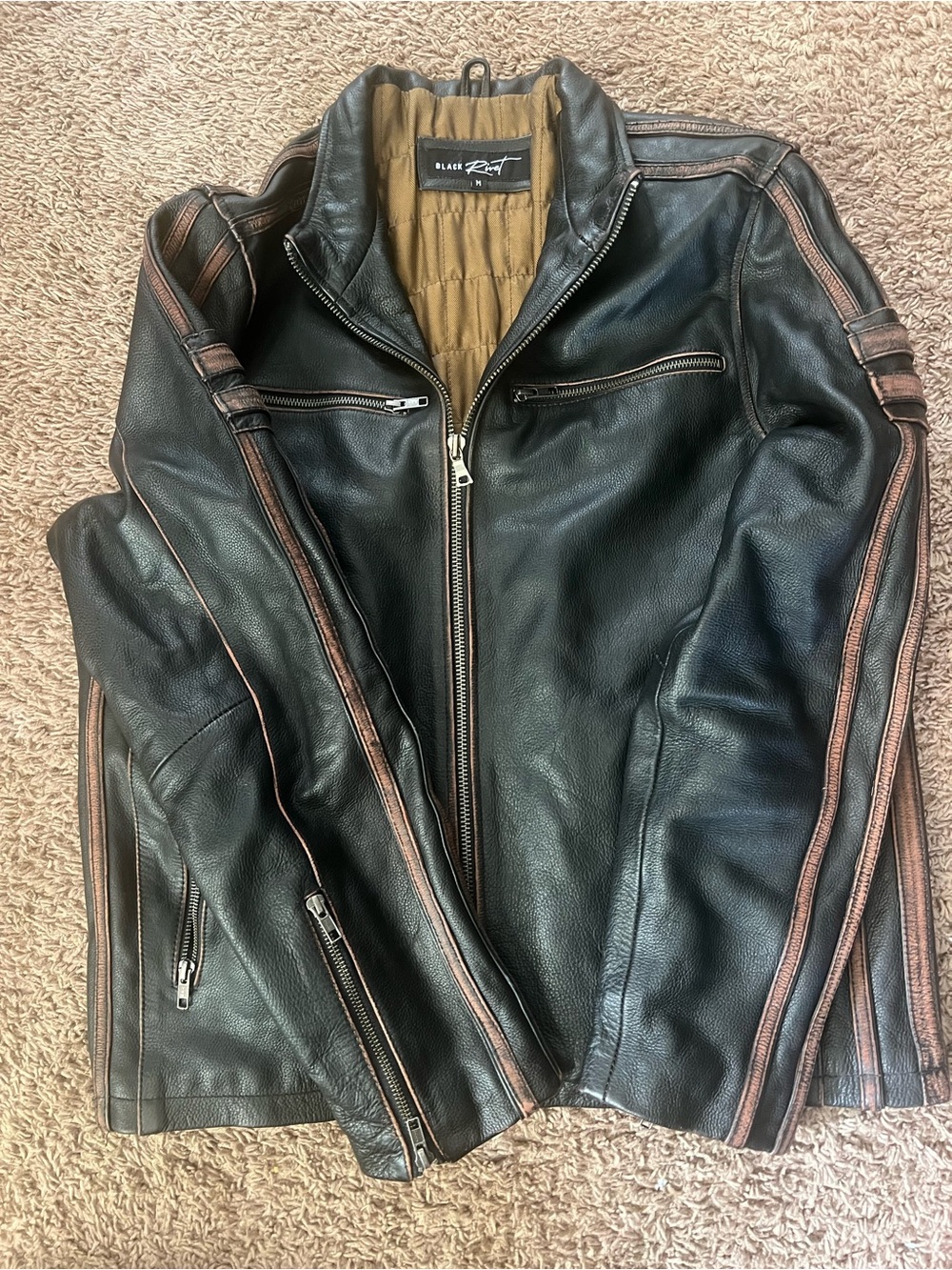 Black Rivet Black Leather Bomber Jacket with Brown Piping